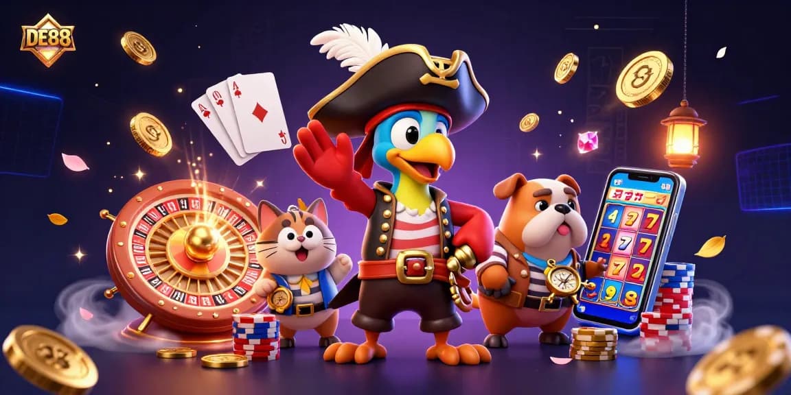 Engage in thrilling games at DE88 with a dynamic illustration of a pirate-themed casino adventure.