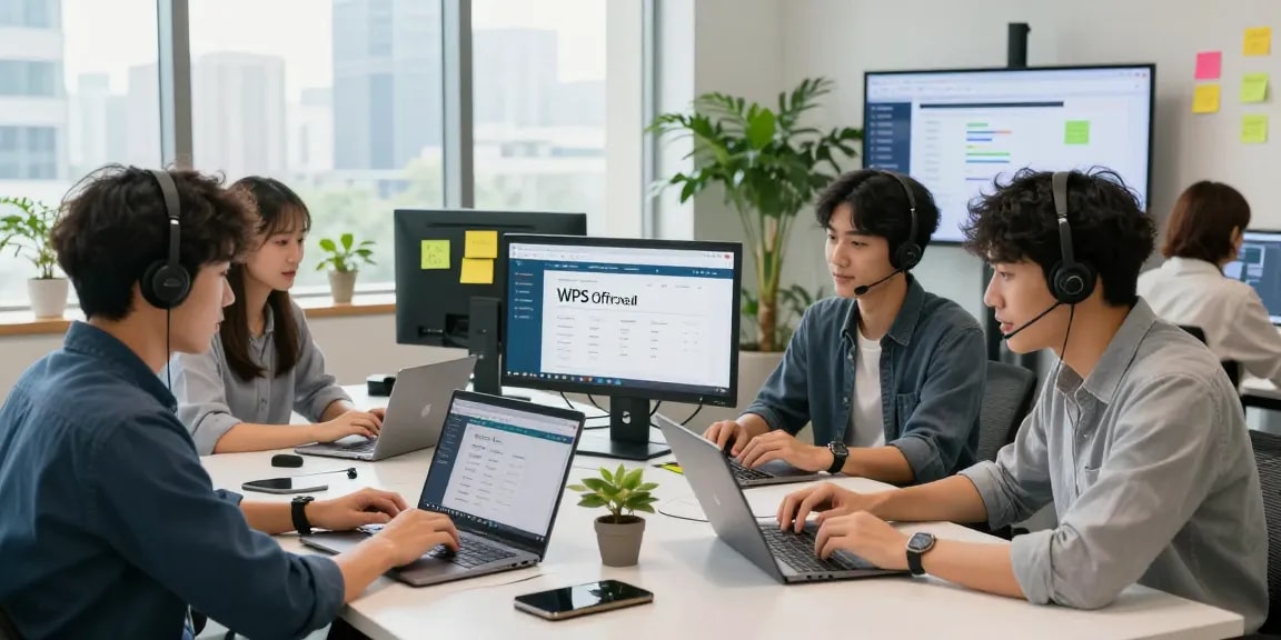 Team collaboration in modern office showcasing the WPS Official Website on laptops, vibrant workspace atmosphere.