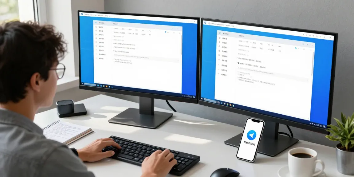 Person navigating Telegram Chinese settings on dual monitors in a modern workspace.
