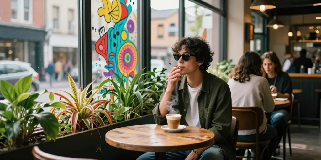 Stylish person enjoying rokok88 cigarette in a vibrant café setting.