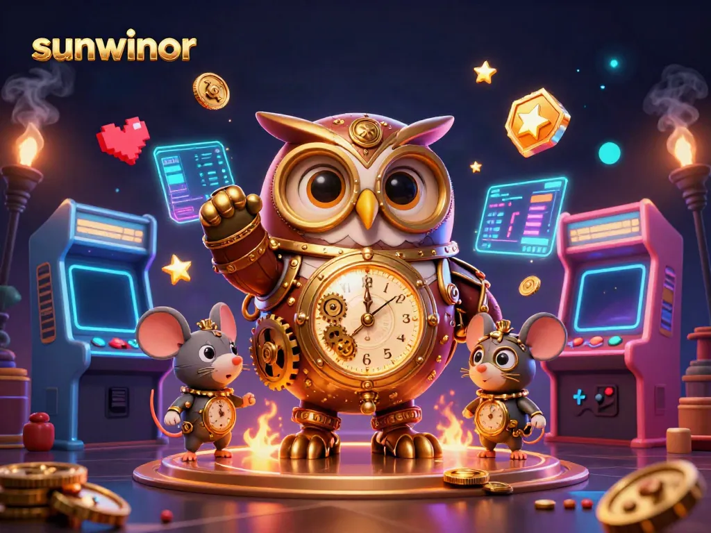 Experience thrilling rewards at sunwinor's captivating casino scene with vibrant characters and dynamic game elements.