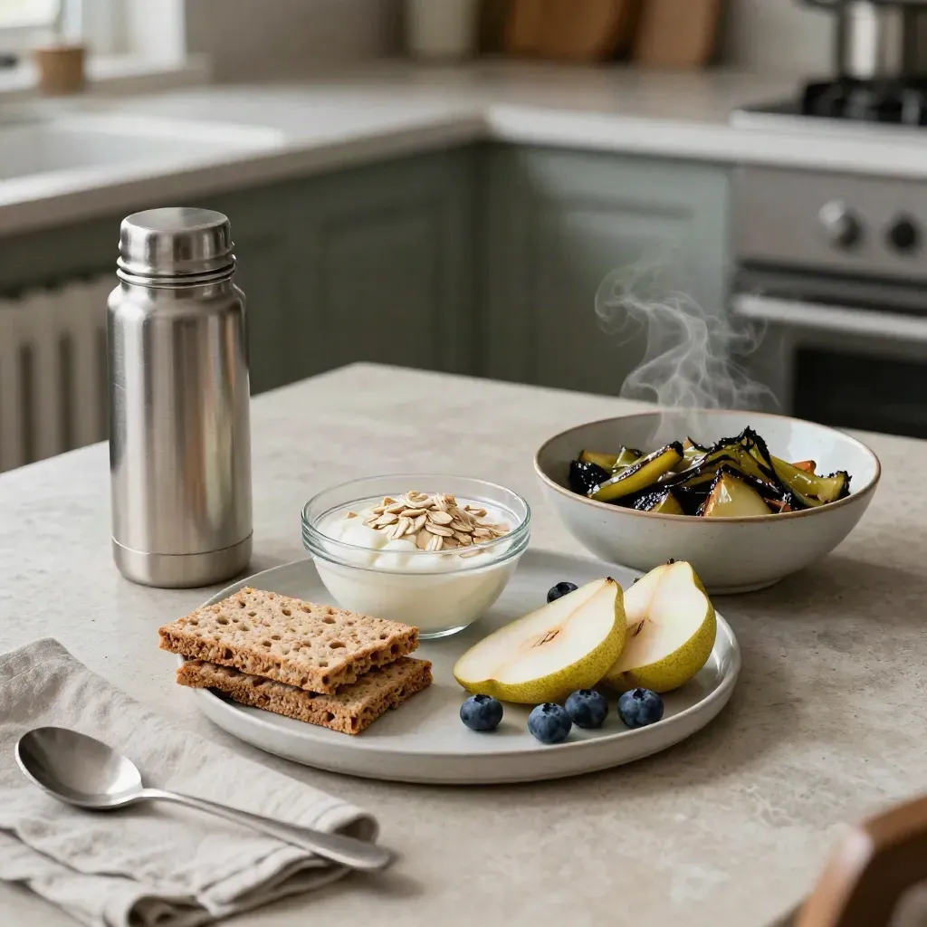 Matlåda med termos, knäckebröd, yoghurt, frukt och grönsaker på stenbord