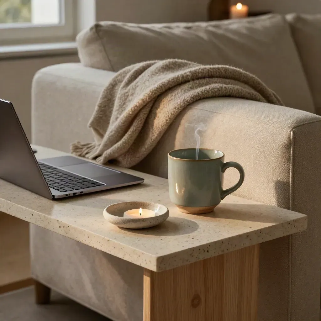 Varmt vardagsrum med filt, stängd laptop, mugg, ljus och stenfat i kvällsljus.