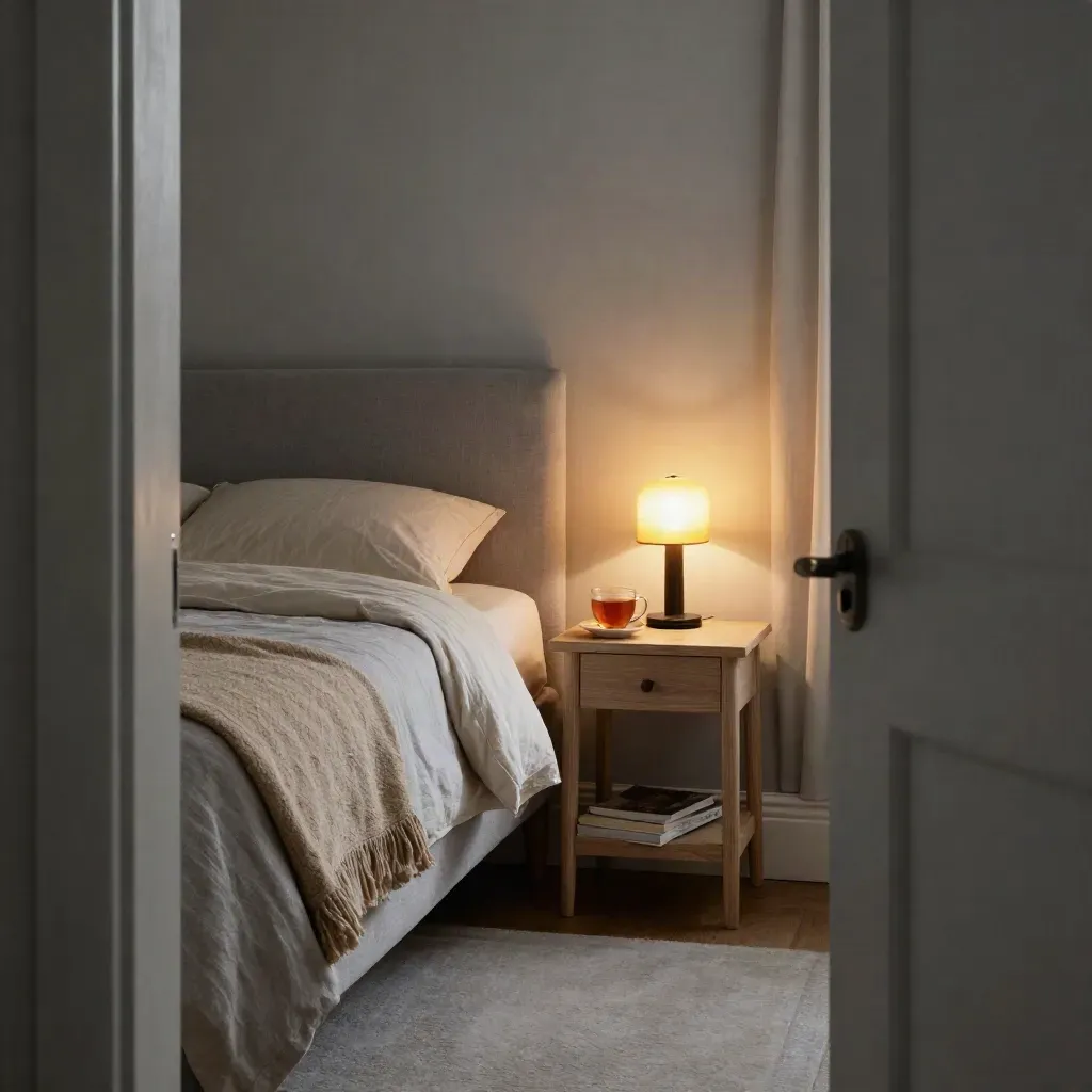 Sovrum i kvällsljus med bäddad säng, tekopp och varm lampa.