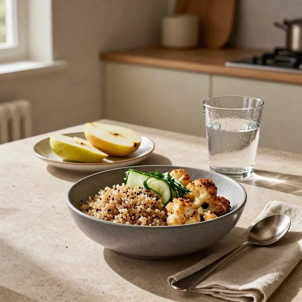 Grain bowl, frukt och vattenglas på stenbänk i mjukt dagsljus.