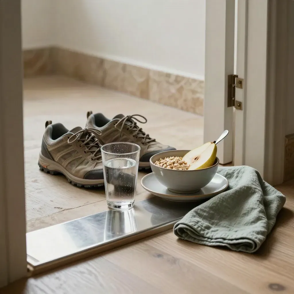 Låga promenadskor, vattenglas, frukostskål och hopvikt linnetorkduk vid hallen.