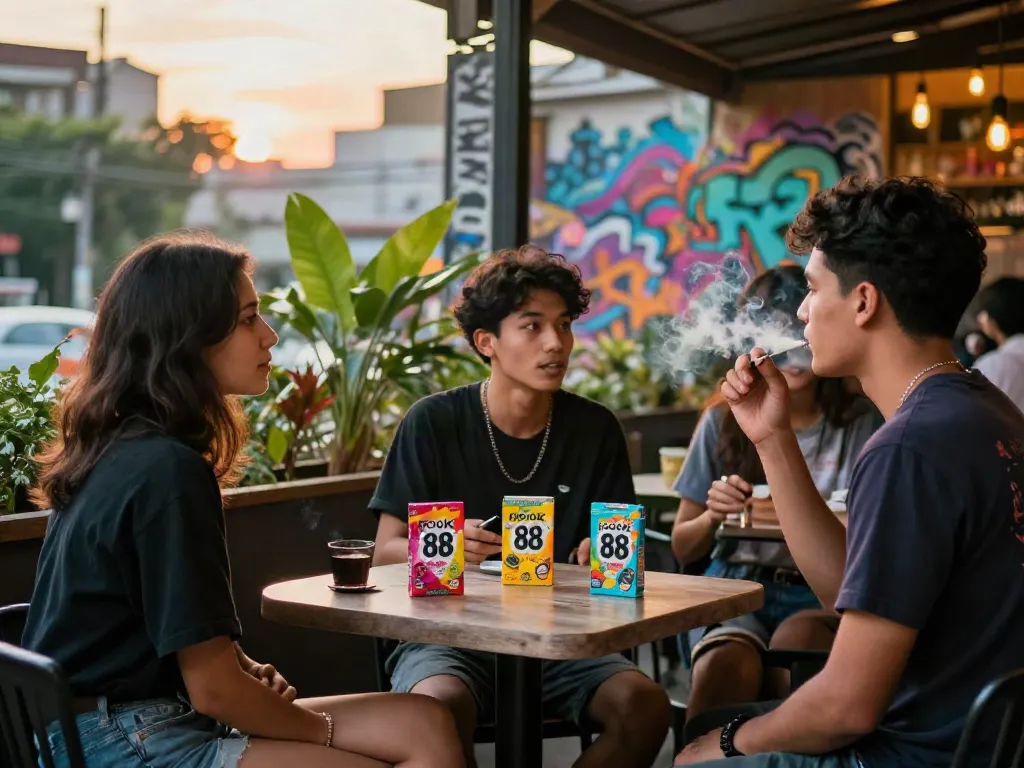 Young adults enjoying rokok 88 with friends at a trendy café.