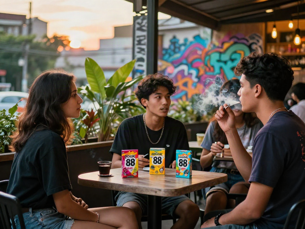 Young adults enjoying rokok 88 with friends at a trendy café.