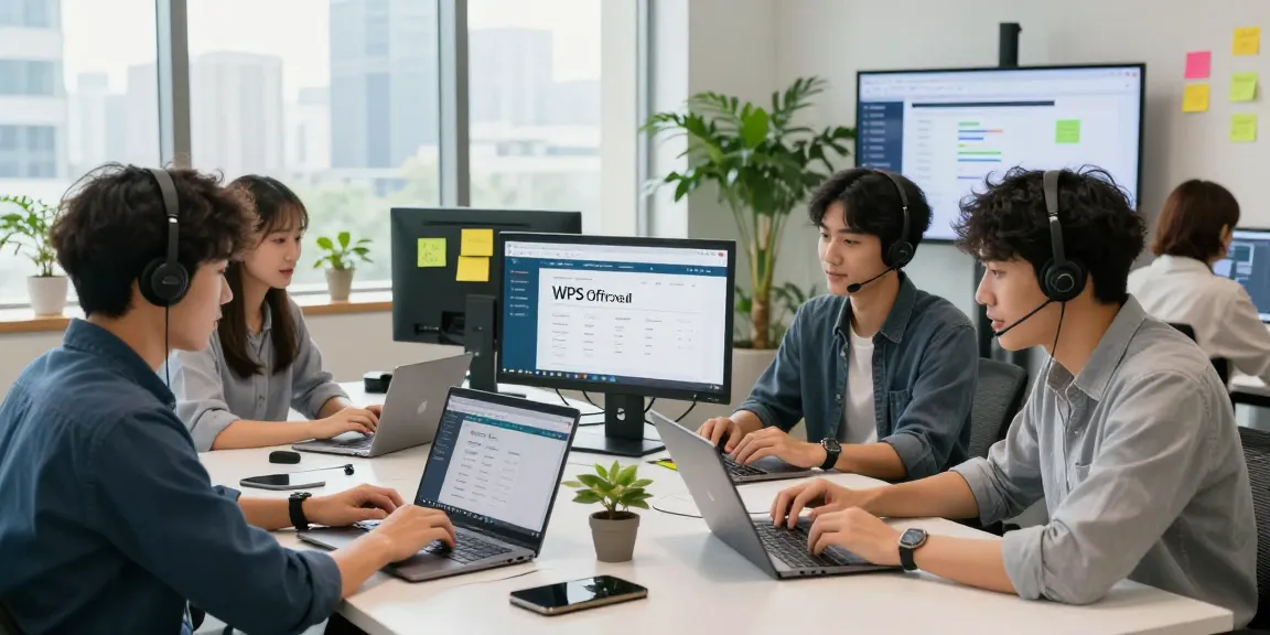 Team collaboration in modern office showcasing the WPS Official Website on laptops, vibrant workspace atmosphere.