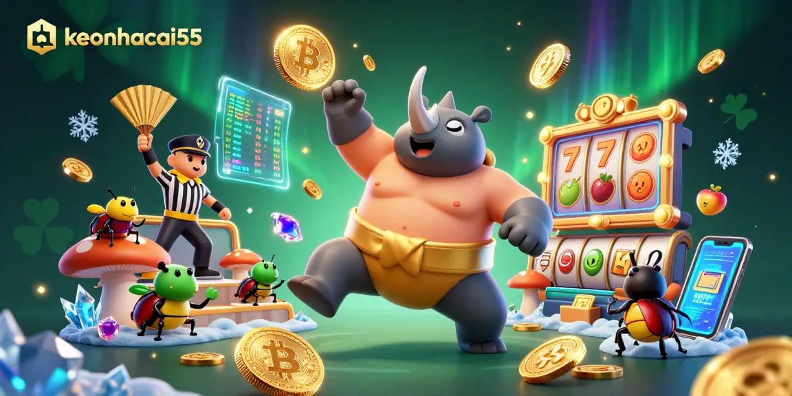 Experience excitement with keonhacai55 as the sumo champion beetle stomps coins amidst vibrant slot reels and blockchain elements.
